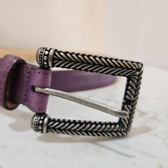 Elite Purple Leather Belt With Ornate Silver Herringbone Buckle Made In Usa - Picture 3 of 9